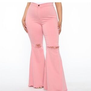 Fashion Nova Pink Flare Jeans Plus size 2X Distressed Extreme Bell Bottom NWT